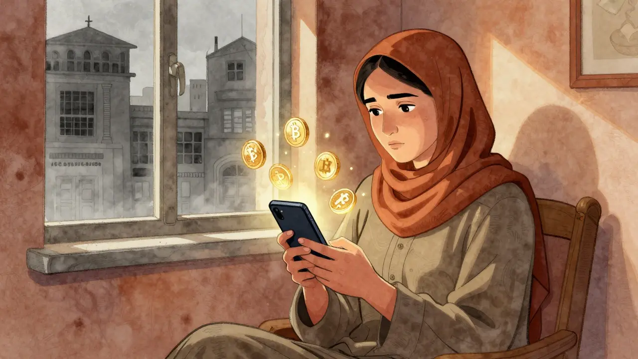 Illustration of an Afghan woman finding financial hope through cryptocurrency on her phone.