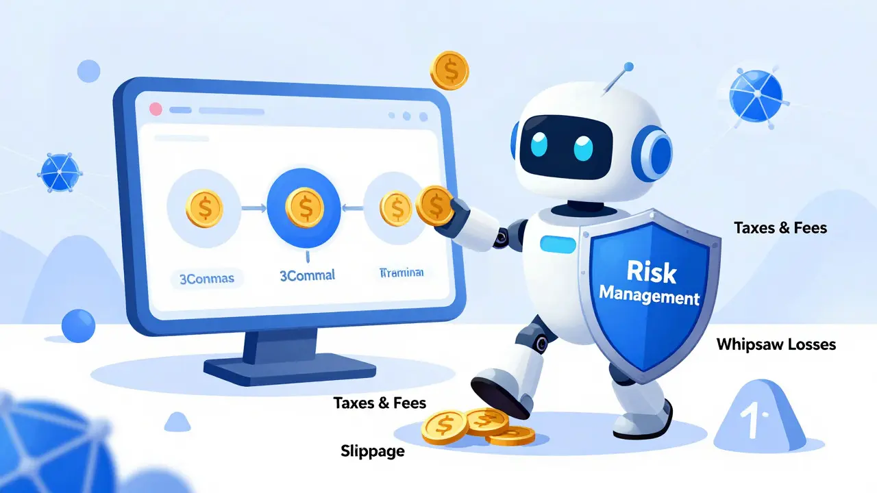 Illustration of an automated trading bot managing risks and fees in crypto portfolio.