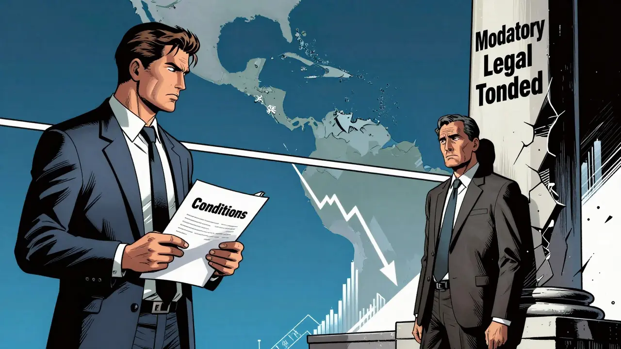 Illustration of IMF pressure forcing end of Bitcoin mandate