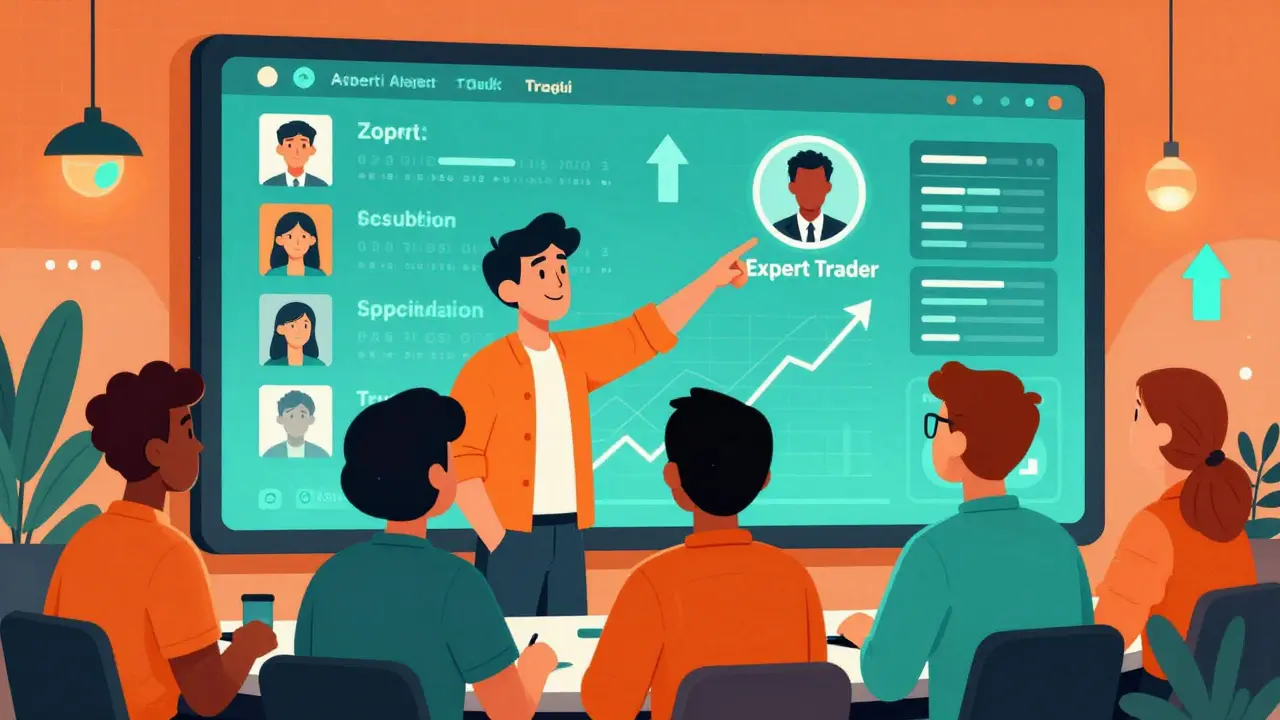 Illustration of traders looking at a social feed board to copy expert moves.