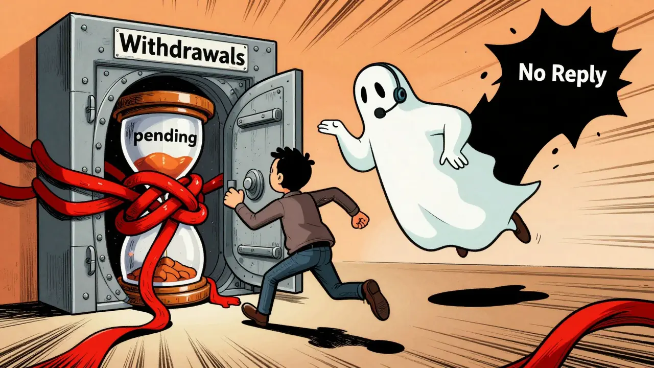 Illustration of user blocked from withdrawals by red tape