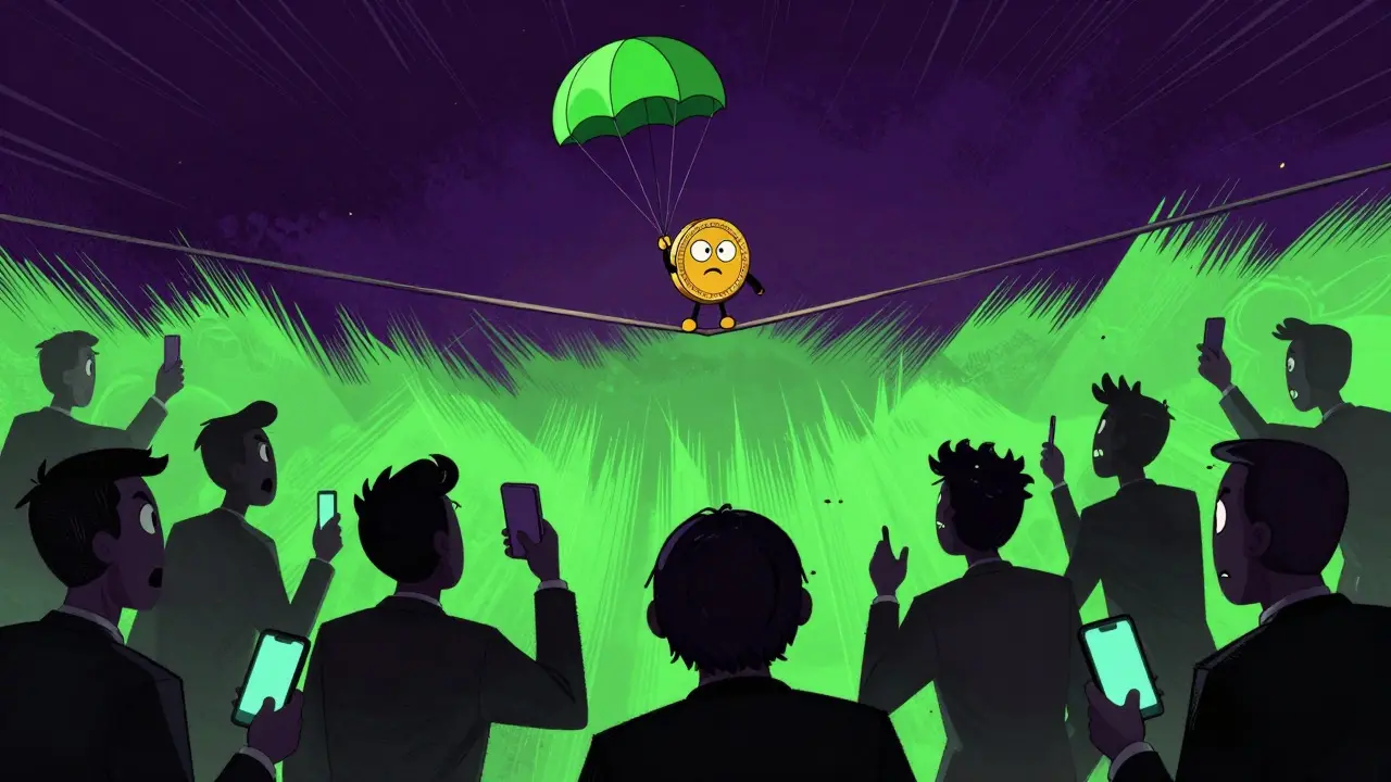 Nervous coin character walking tightrope over crowd of traders