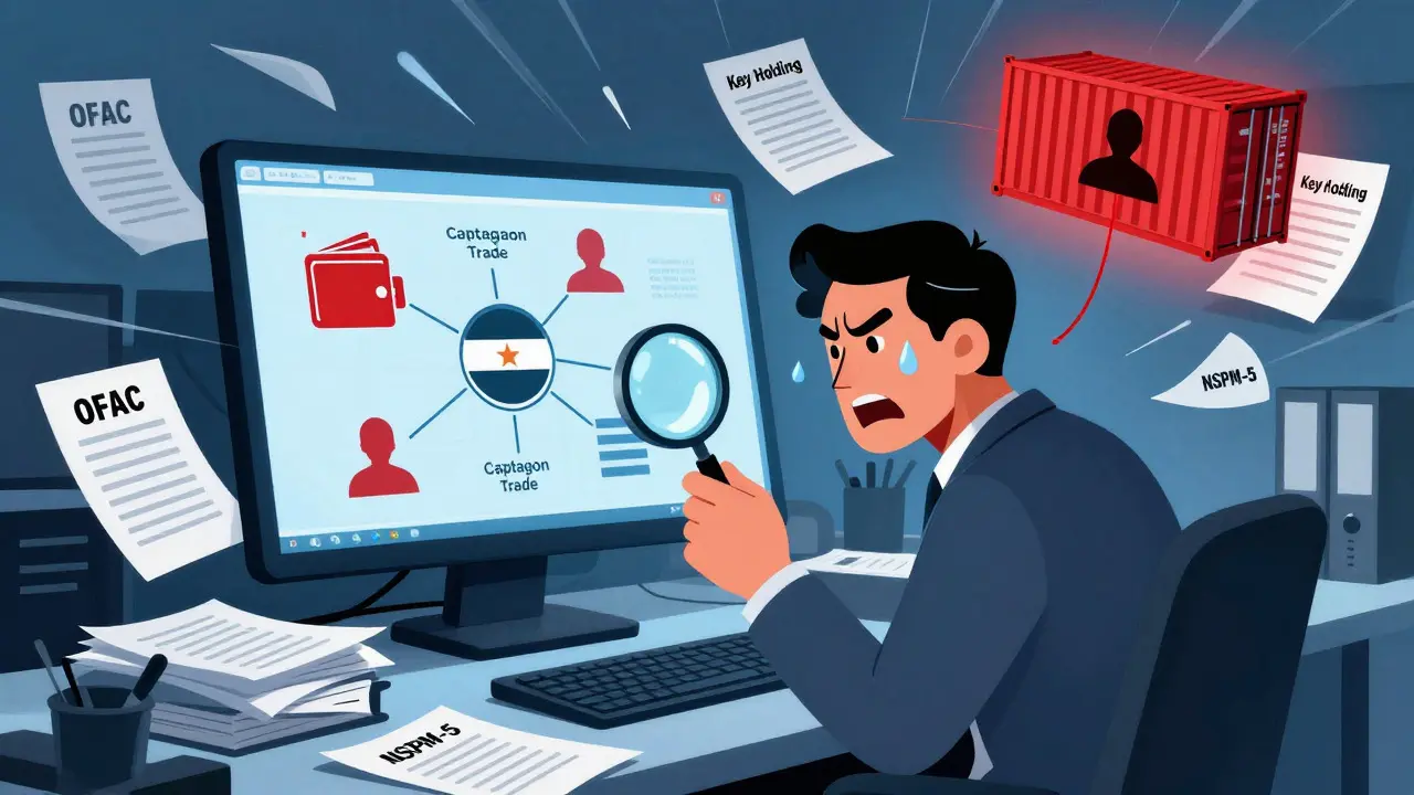 Stressed analyst checking sanctions lists and crypto connections in a bande dessinee style.