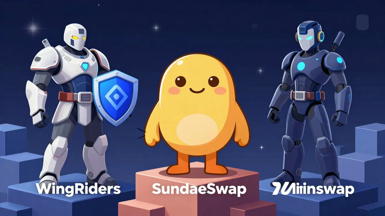 Three illustrated figures representing competing Cardano DEX platforms