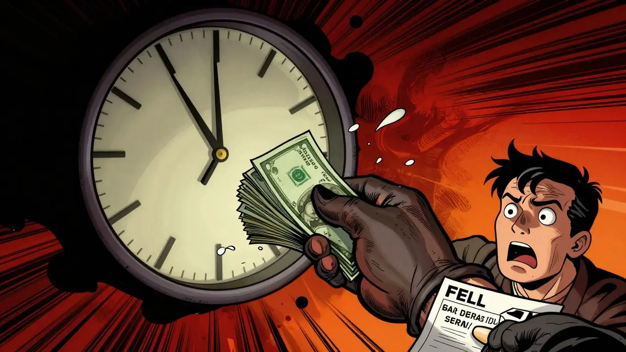 A gloved hand grabbing cash from a shocked user in a dramatic red setting