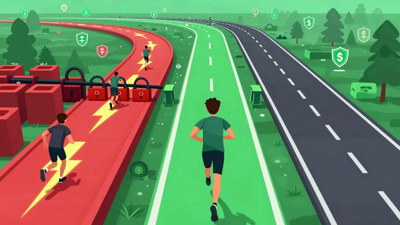 A runner taking an open path while others struggle on blocked routes in a digital landscape