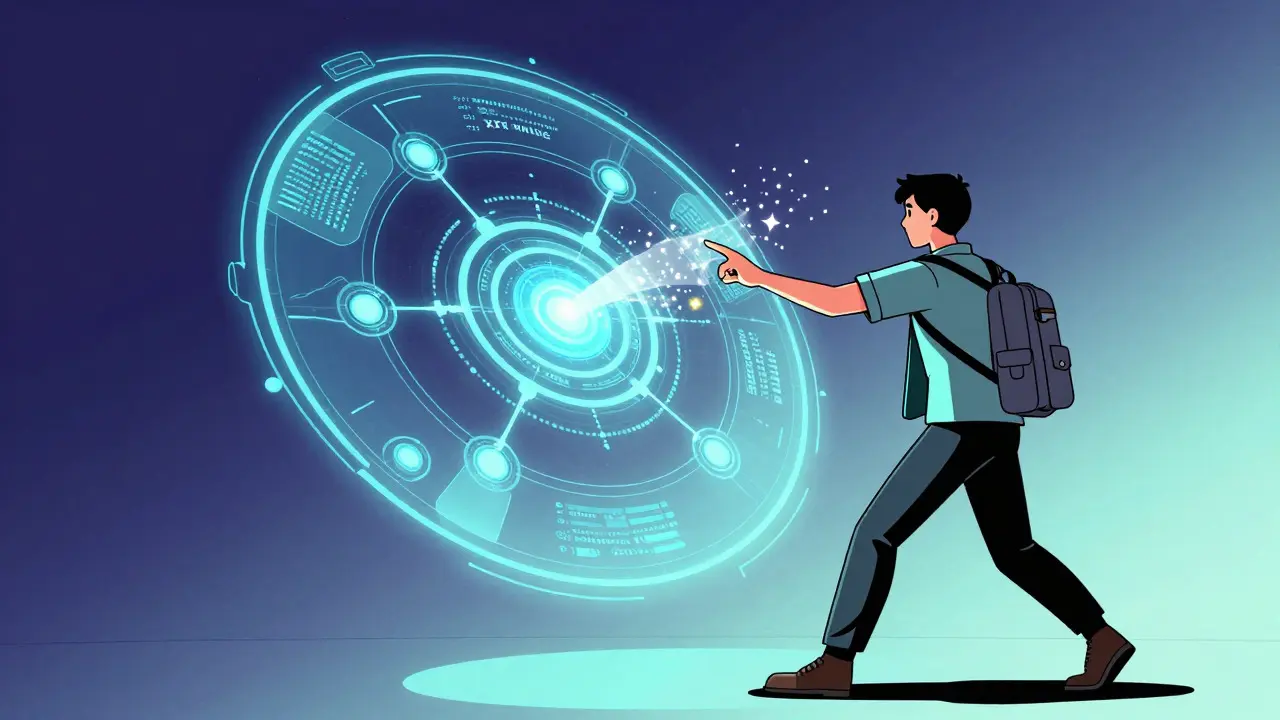 A user interacting with a holographic dashboard collecting glowing data points