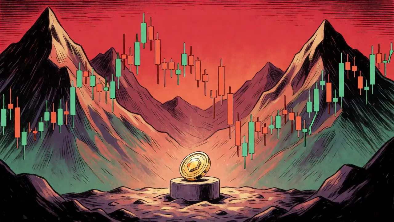 Artistic depiction of a scarce token surrounded by volatile market charts symbolizing high risk and reward.