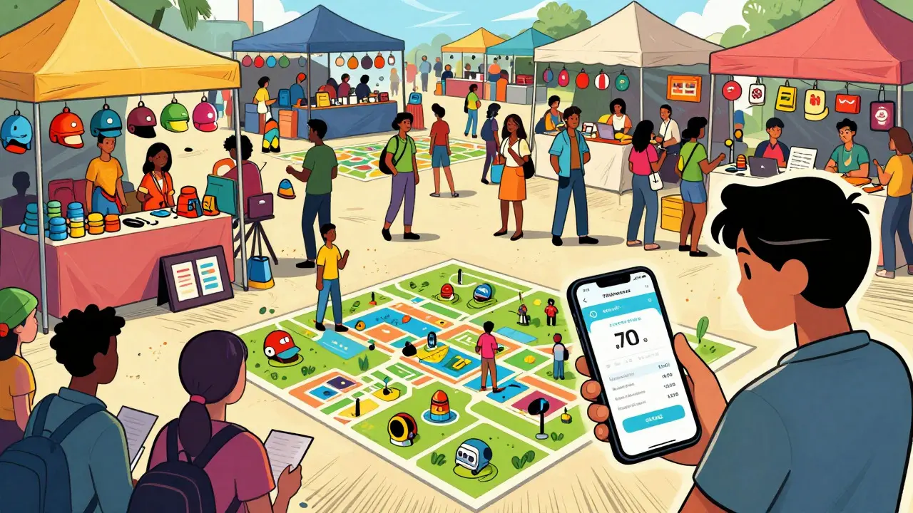 Avatars trading NFTs in a vibrant virtual marketplace, showing sustainable play-to-earn economies.