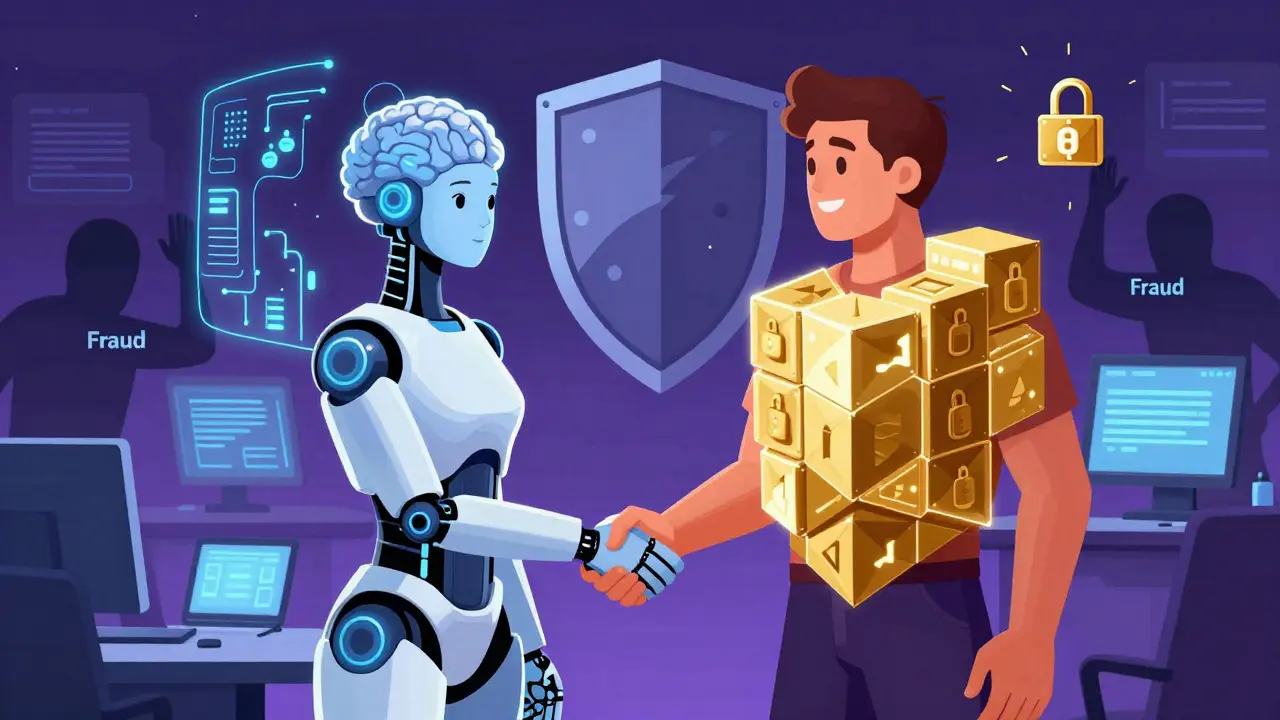 Bande dessinée art of AI and Blockchain teamwork protecting against insurance fraud shadows.