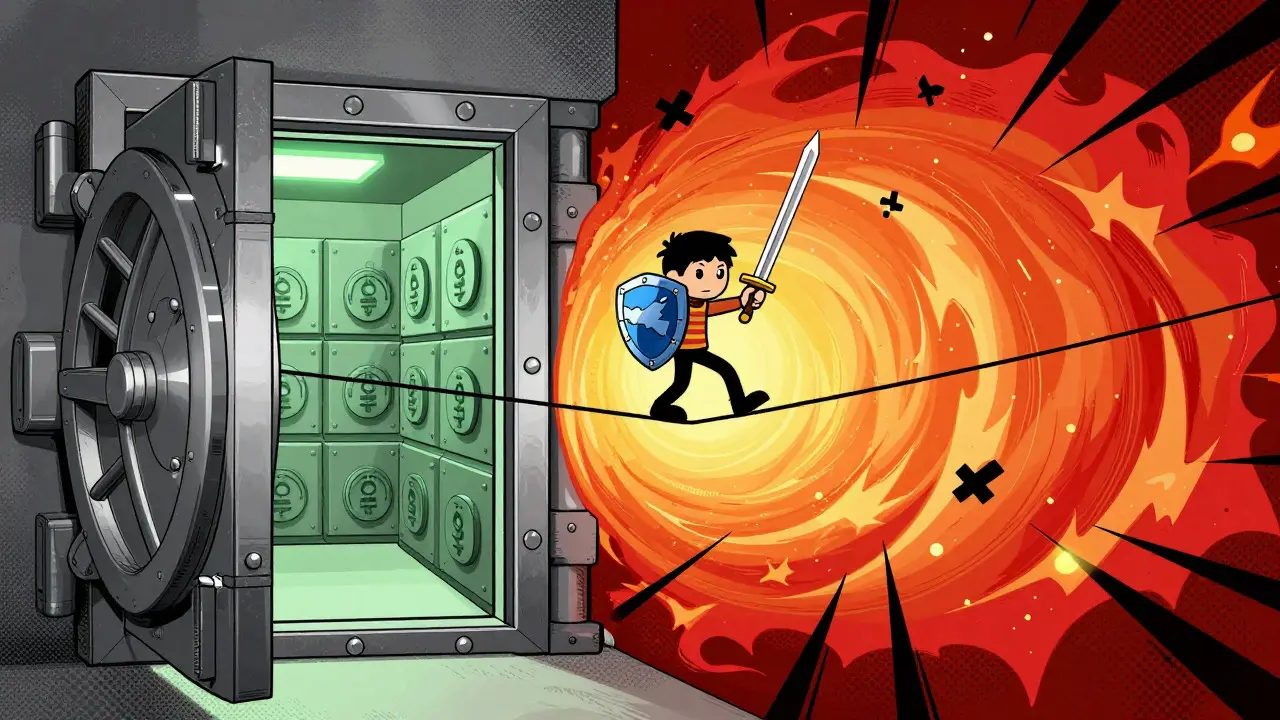 Bande dessinée art showing a character balancing security and volatility on a tightrope