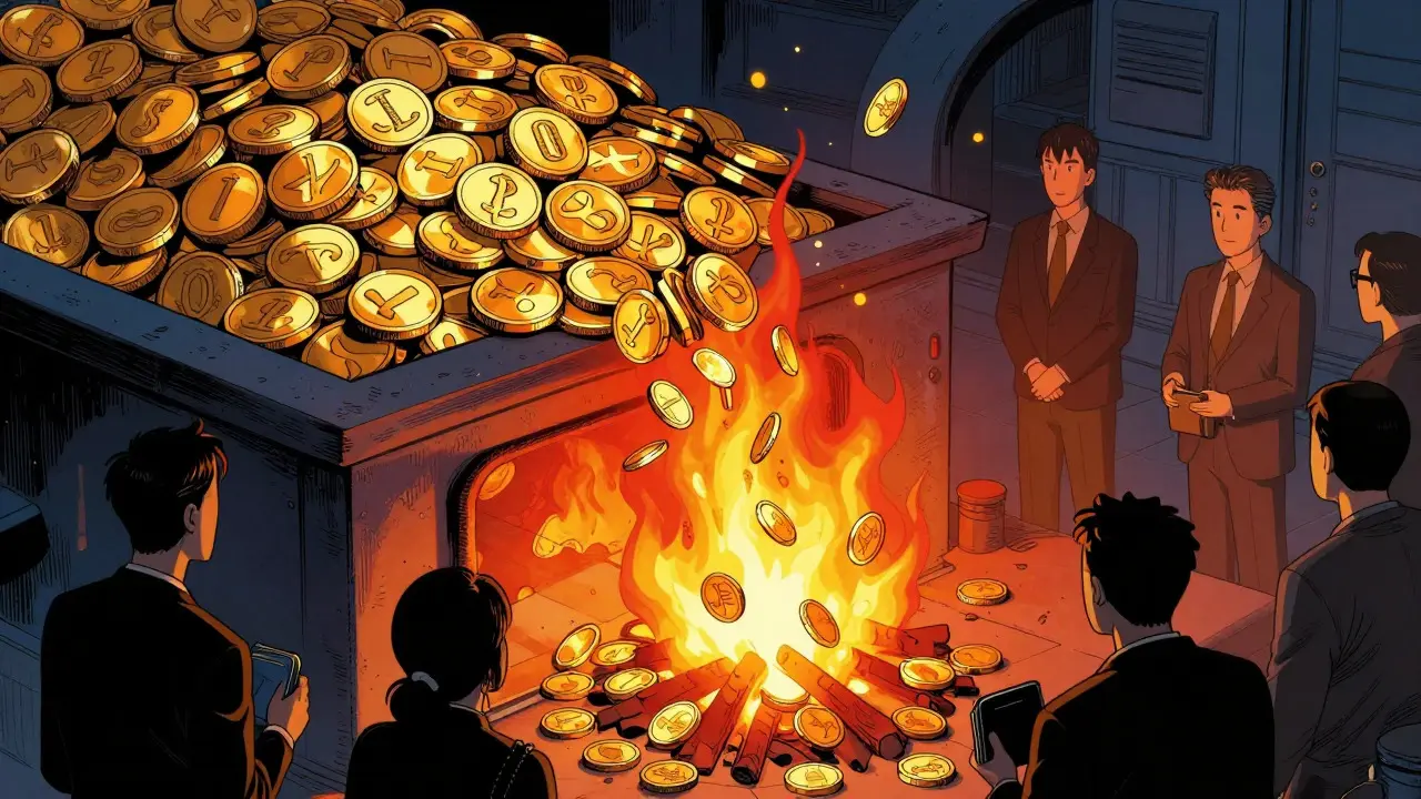 Bande dessinée art showing coins being burned in a furnace to reduce token supply and increase value.