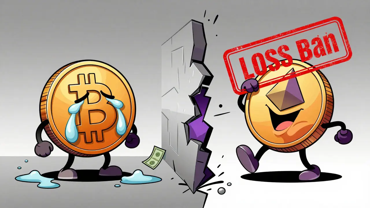 Bitcoin and Ethereum coins separated by a wall illustrating loss offset ban