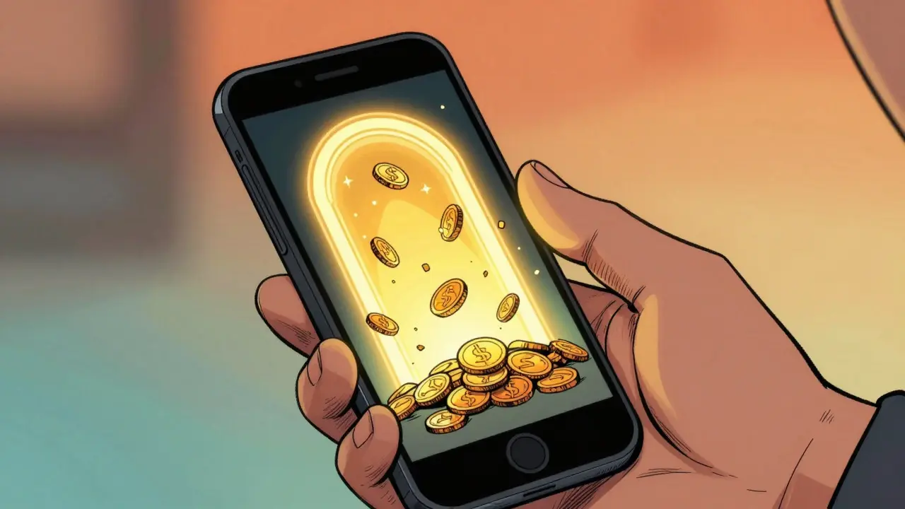 Cartoon depiction of a phone screen transforming into a portal releasing golden tokens
