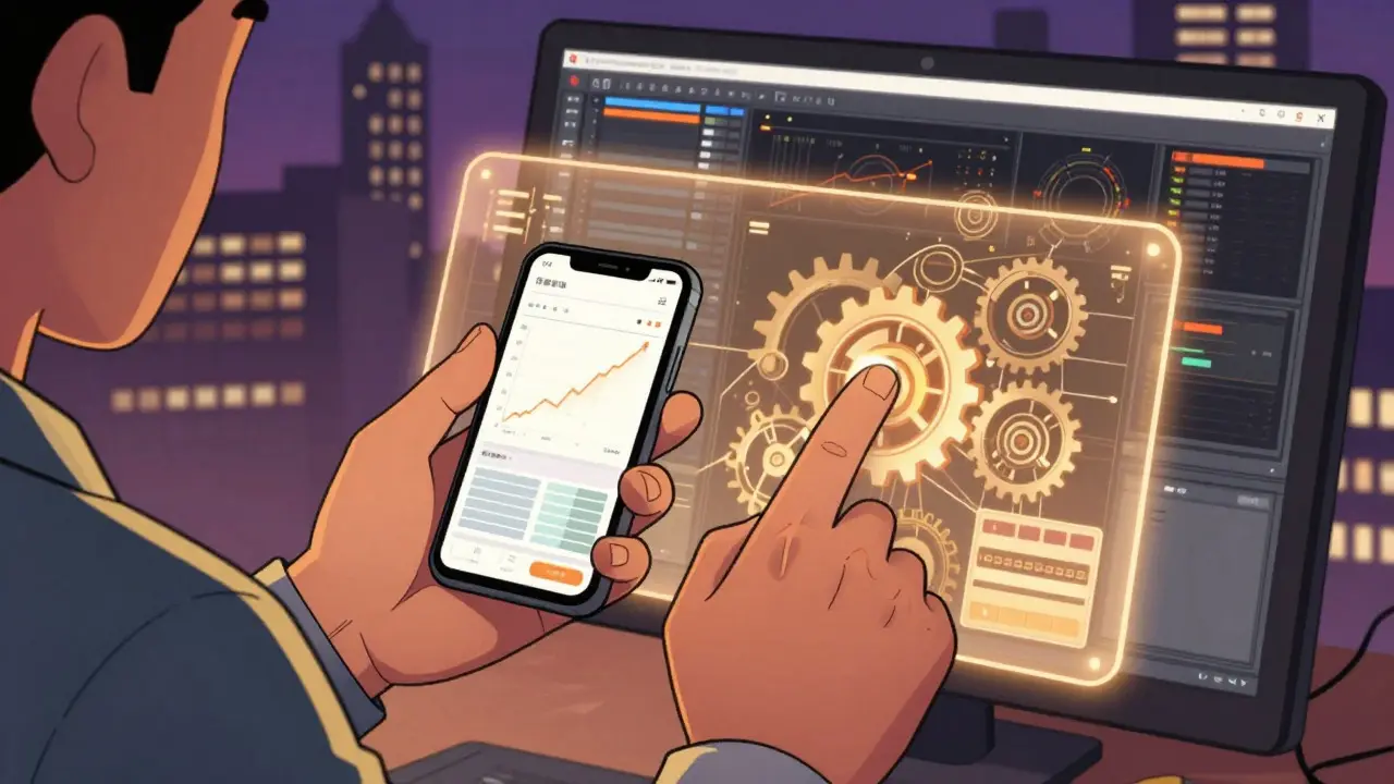 Cartoon depiction of a trader using both mobile and desktop interfaces for crypto trading