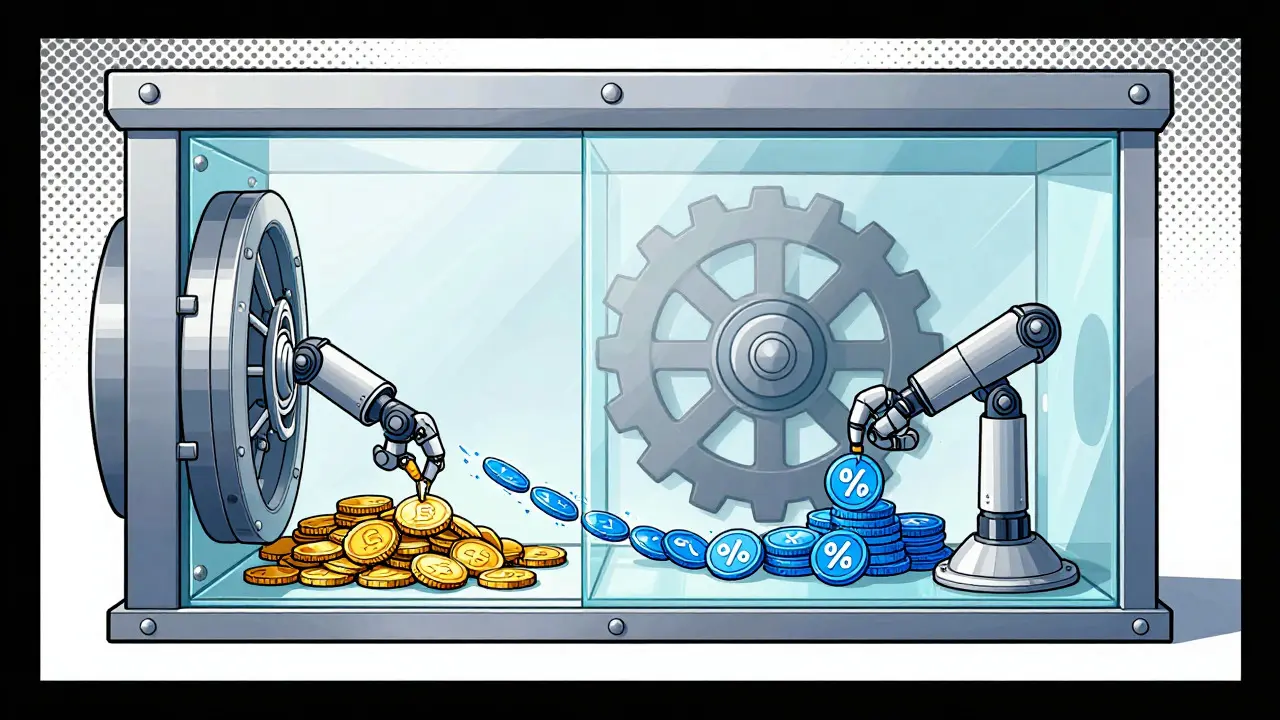 Cartoon depiction of a transparent vault showing zero-interest lending mechanics with robotic arms