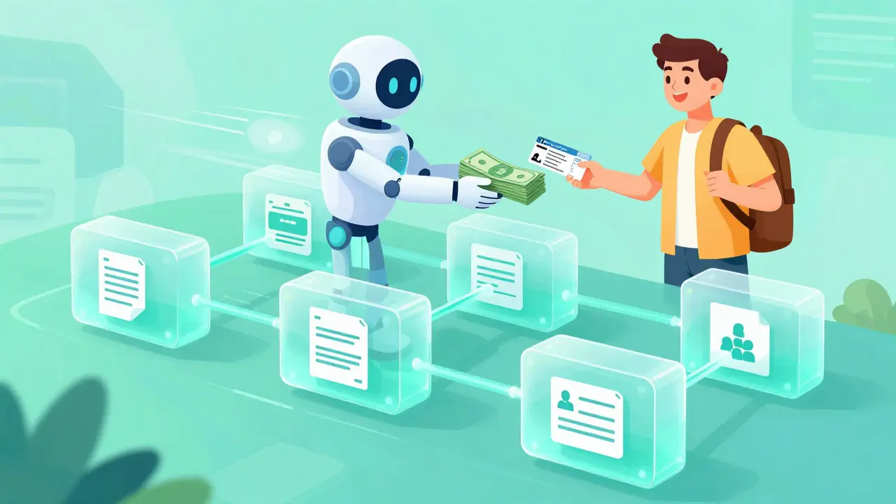 Cartoon illustration of a blockchain chain enabling instant payment to a traveler via smart contract.