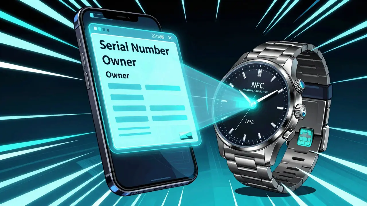 Cartoon illustration of a smartphone scanning an NFC chip on a watch to verify blockchain authenticity.
