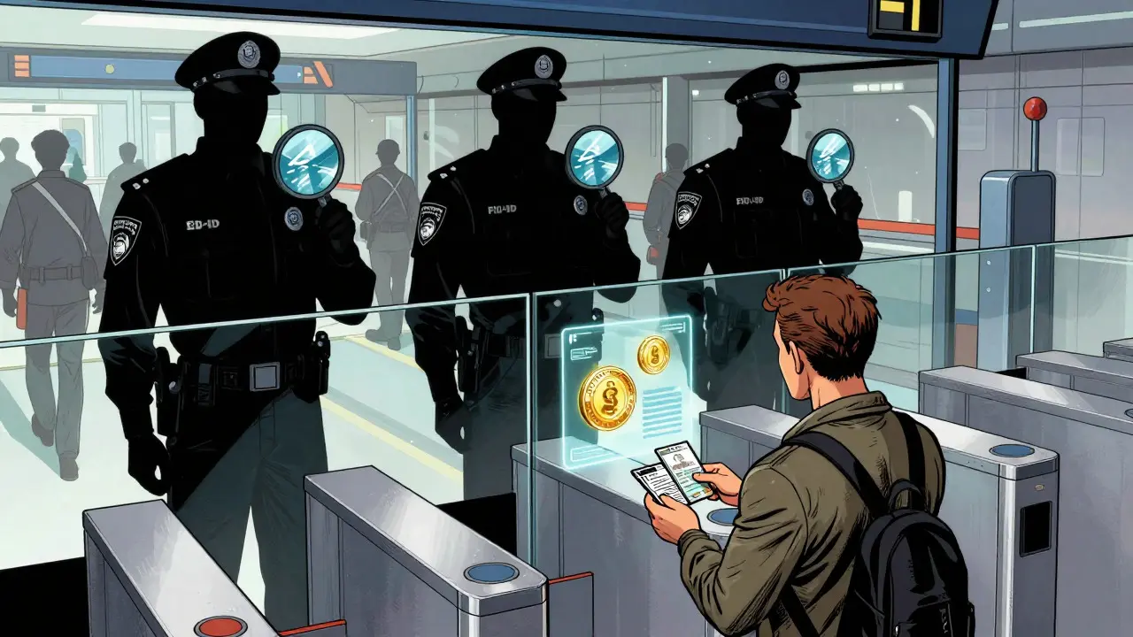 Cartoon of regulatory agents inspecting digital assets at a compliance checkpoint