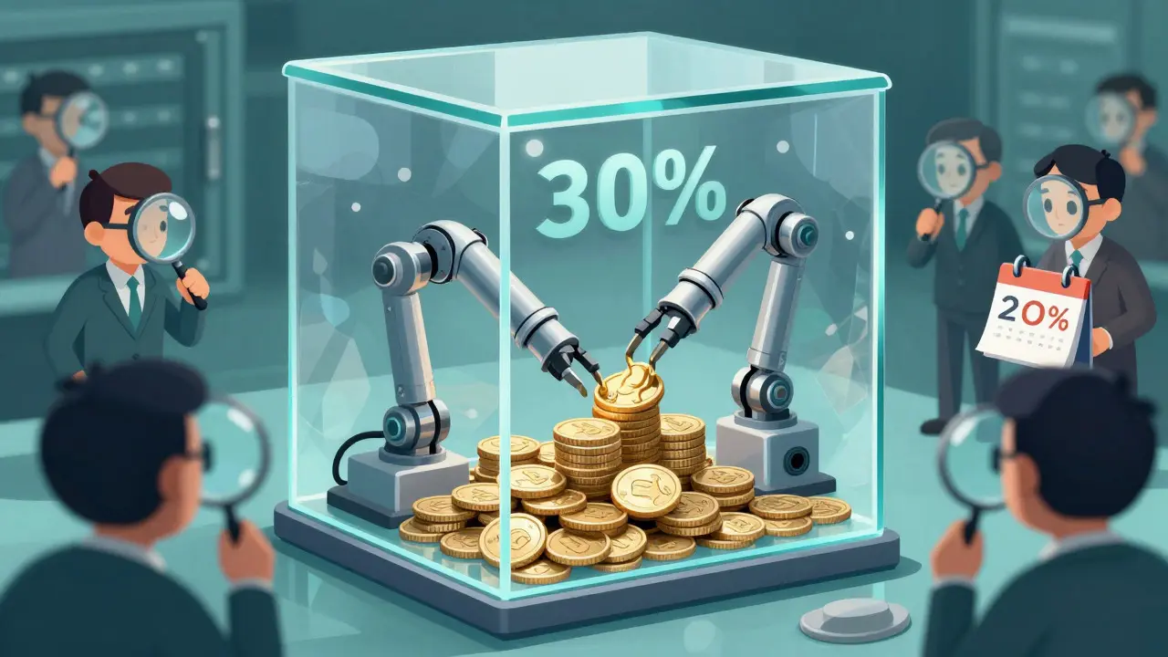 Cartoon scene of a transparent vault collecting coins while observers verify with magnifying glasses
