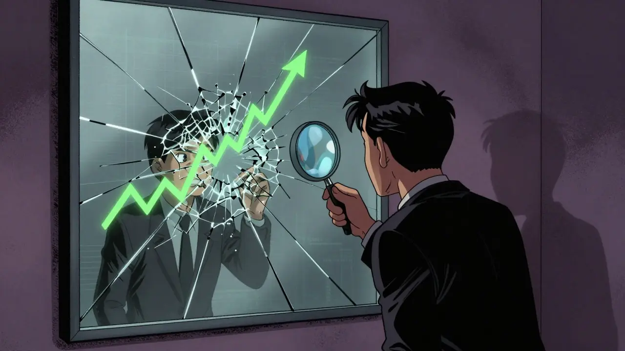 Character examining a fractured mirror reflecting different market charts in comic style