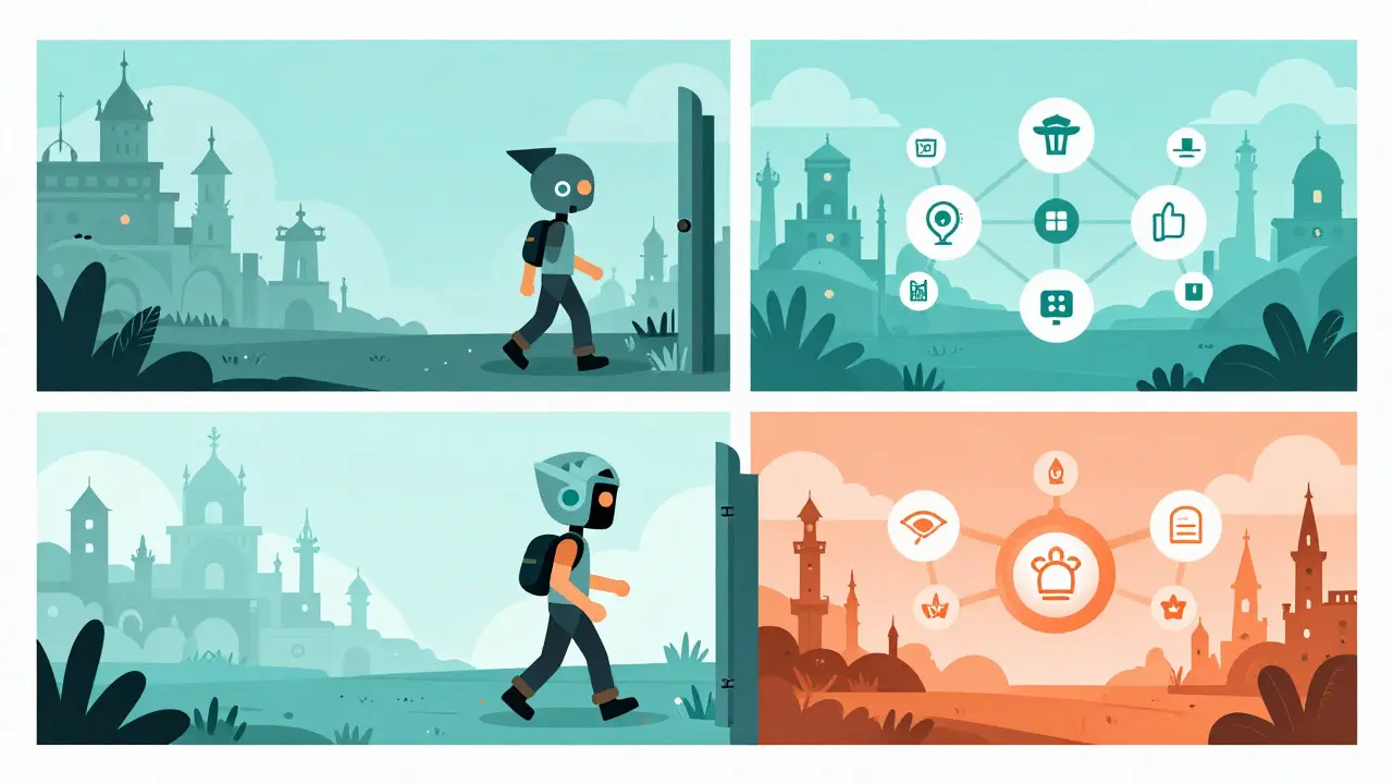 Character moving between game worlds via a portal, illustrating metaverse interoperability and DAO governance.