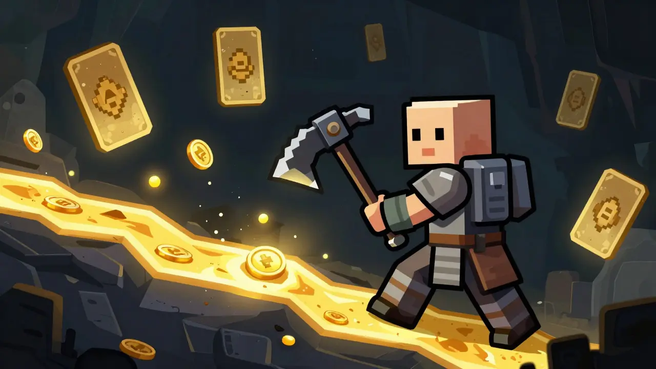 Comic character mining low-value gold in a dark cave