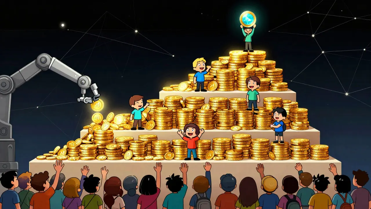 Comic-style depiction of a tiered reward staircase with characters claiming different levels of crypto tokens