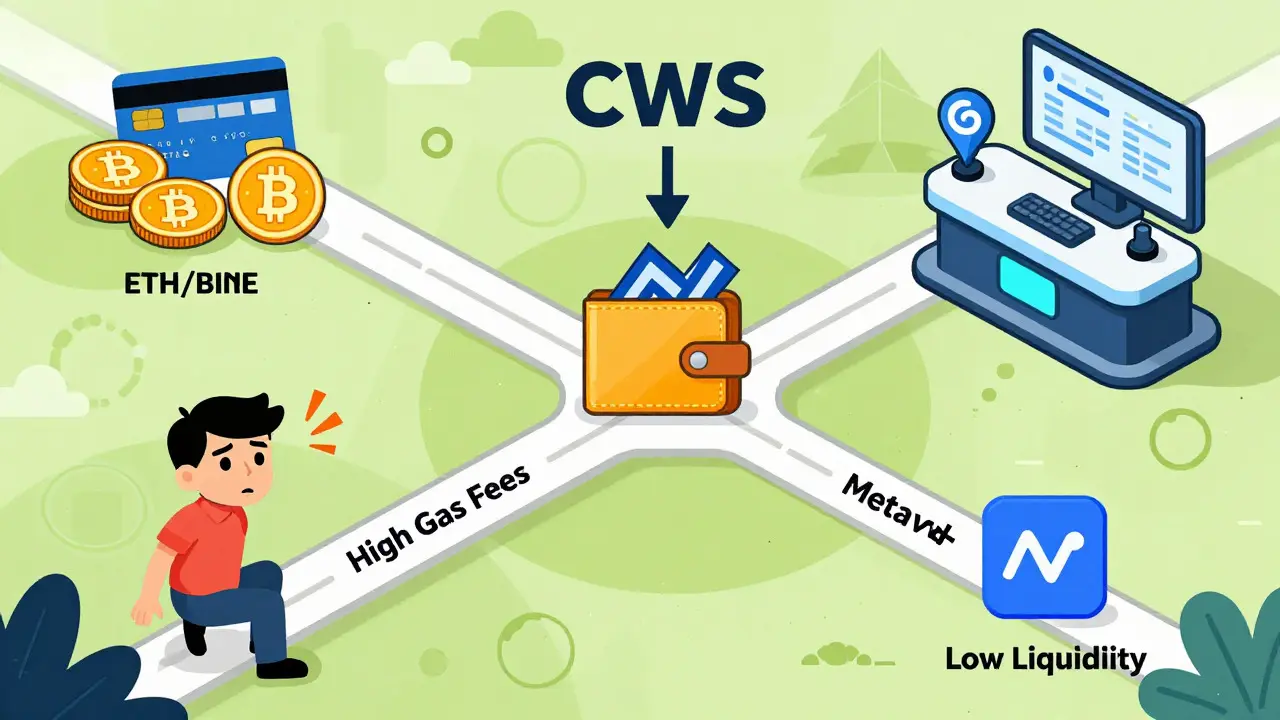 Comic style map showing the complex steps and risks of buying CWS tokens via decentralized exchanges.