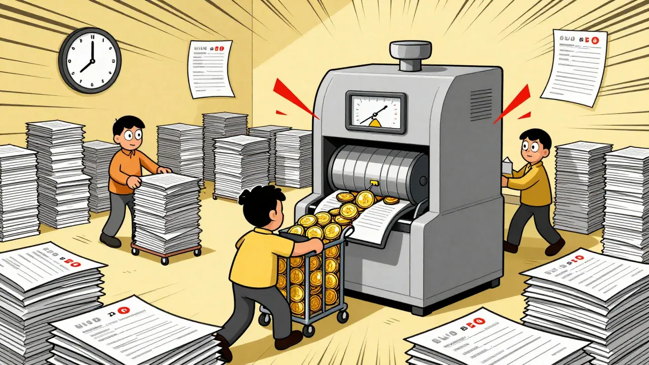 Comic-style scene of workers managing piles of compliance paperwork and digital coins in a warehouse
