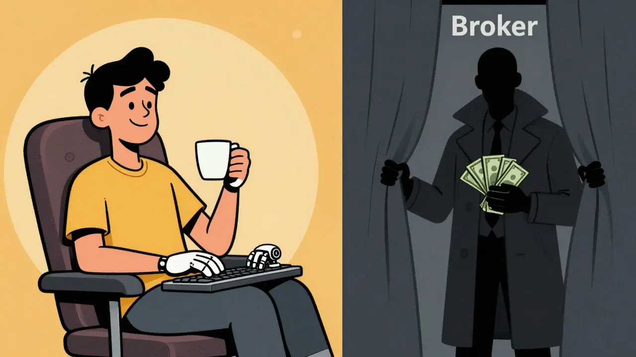 Comic style split scene: relaxed user vs shadowy broker