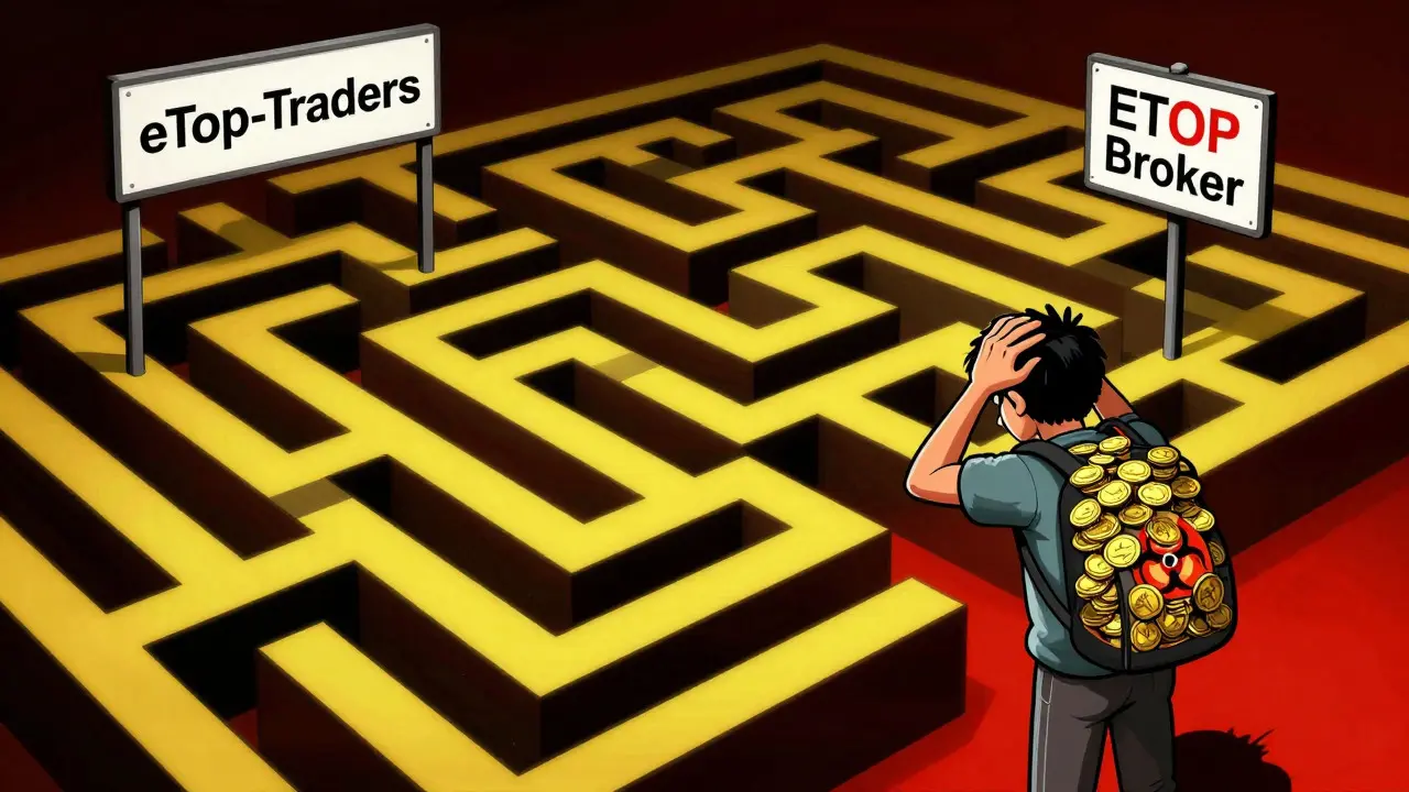 Confused trader facing a maze of similar-sounding risky broker names