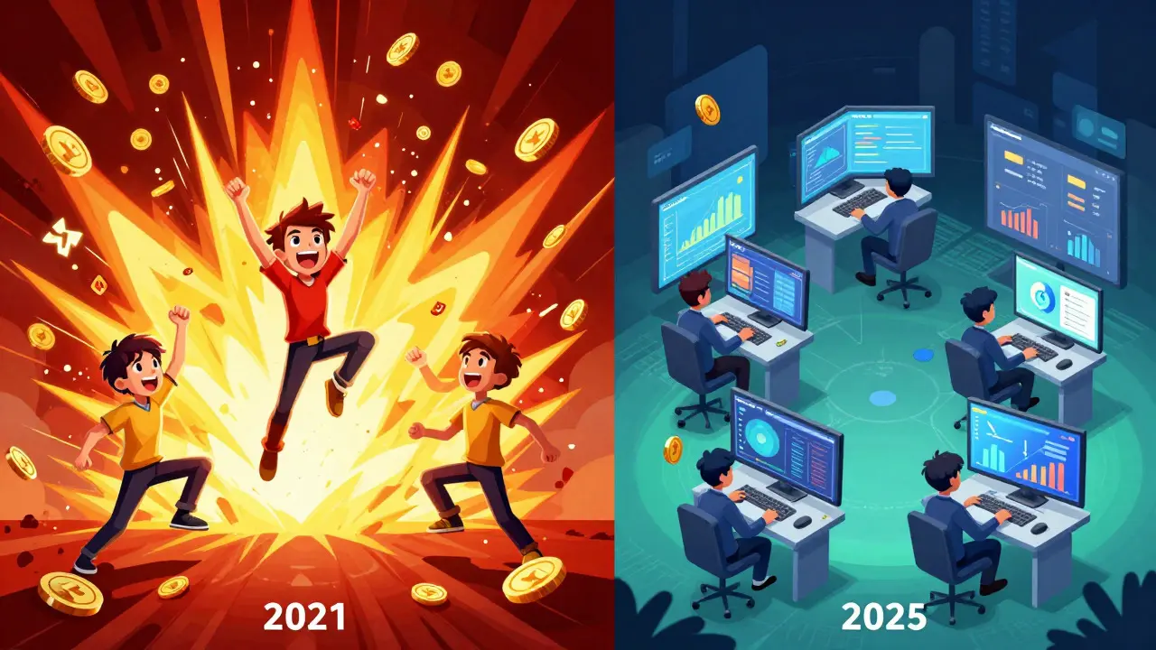 Illustration comparing the chaotic early crypto gaming era with its modern, stable state