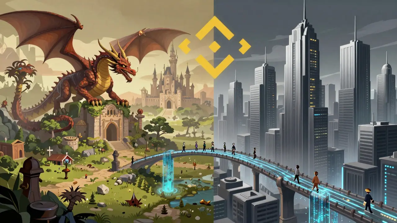 Illustration connecting a fantasy landscape with a modern city via a glowing data bridge