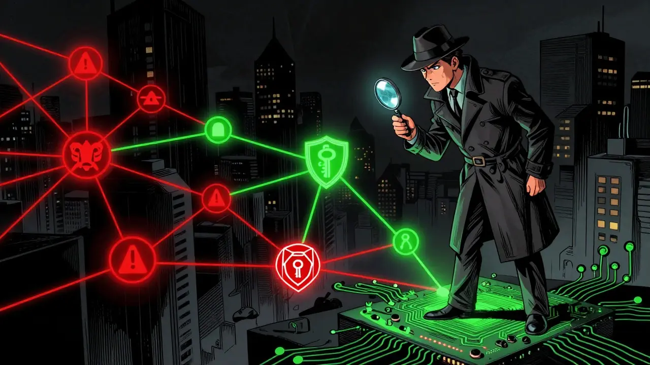 Illustration of a detective using a magnifying glass to verify safe crypto connections amidst a web