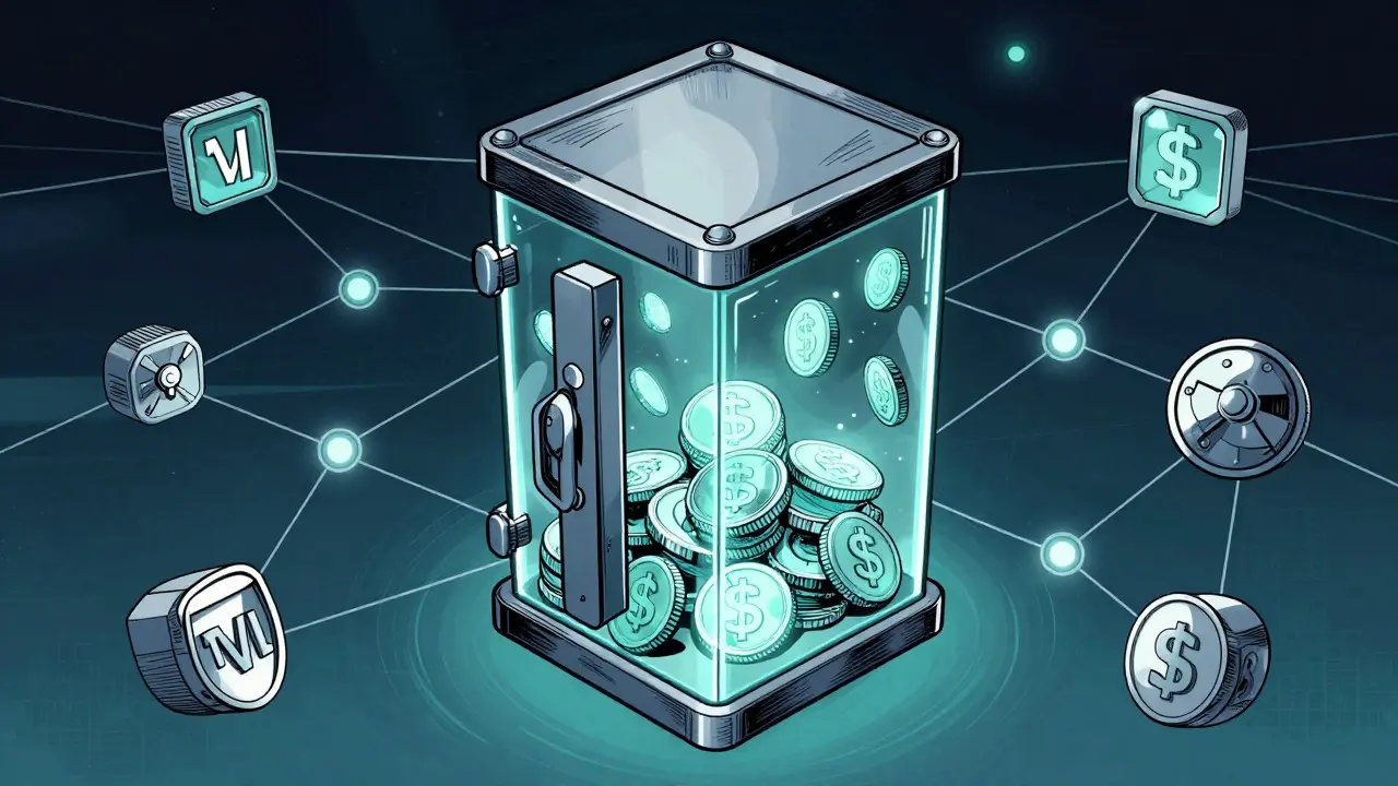 Illustration of a digital vault filled with stablecoin tokens