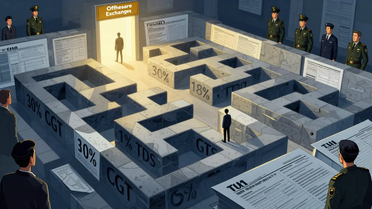 Illustration of a financial maze with tax labels blocking crypto transfer path