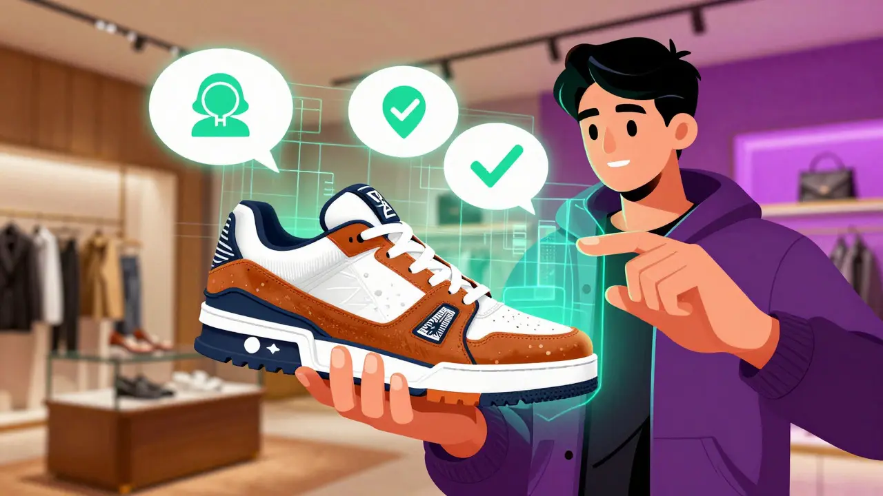 Illustration of a person holding a real shoe and its digital twin, blending physical and virtual worlds.