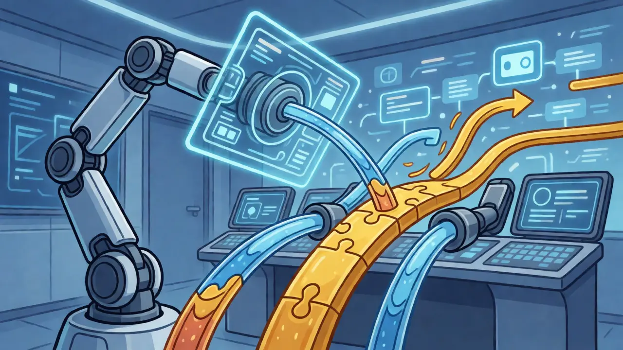 Illustration of a robotic aggregator merging multiple liquidity pools into one efficient trading route.