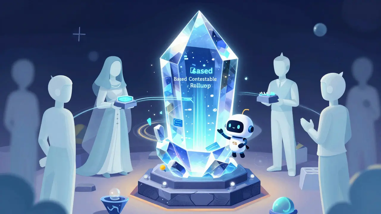 Illustration of a secure crystal vault protecting data on the Taiko network with a robot guide.