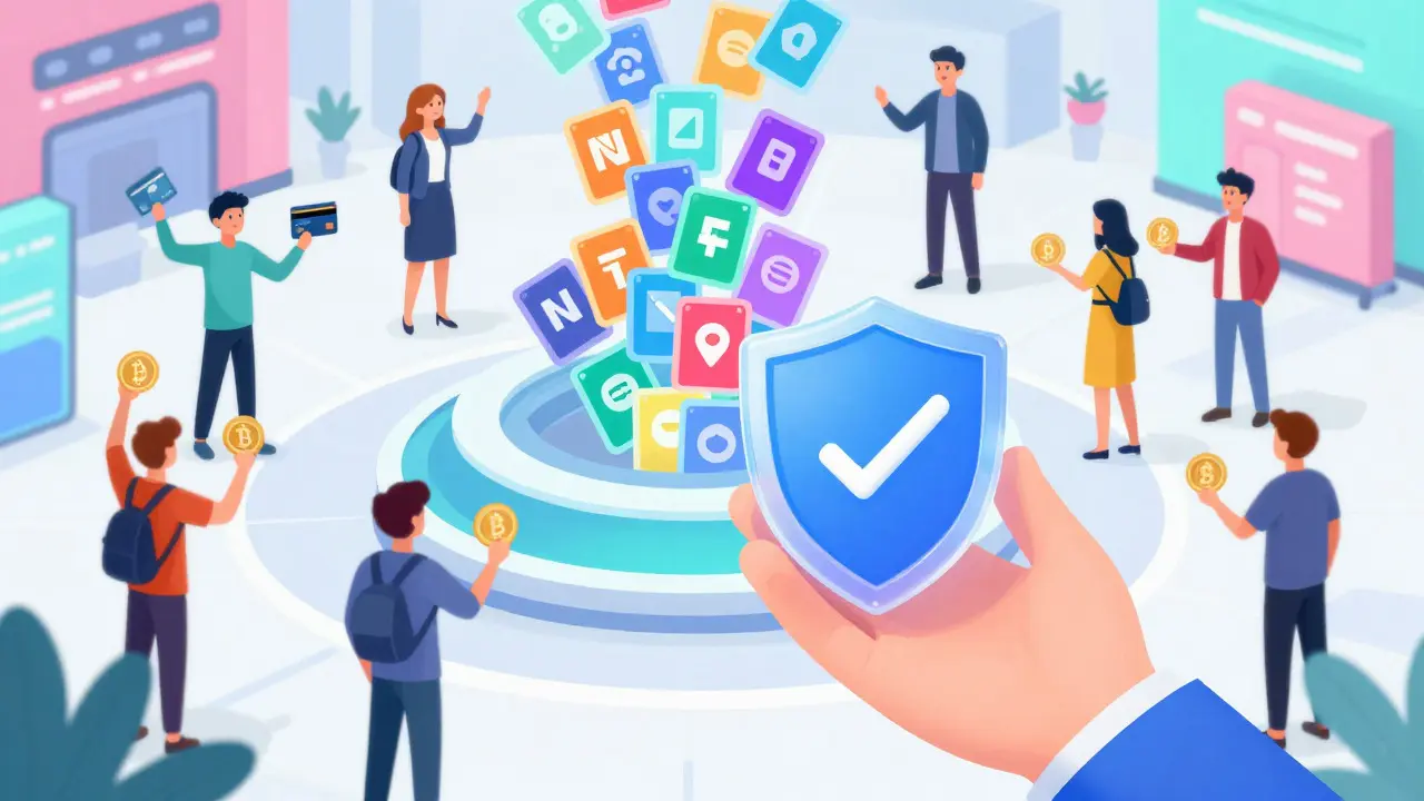 Illustration of a secure digital marketplace with users trading NFTs and managing wallets safely