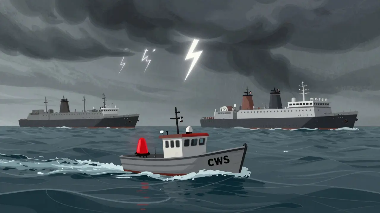 Illustration of a small boat in rough seas, representing the low liquidity and high risk of CWS investment.