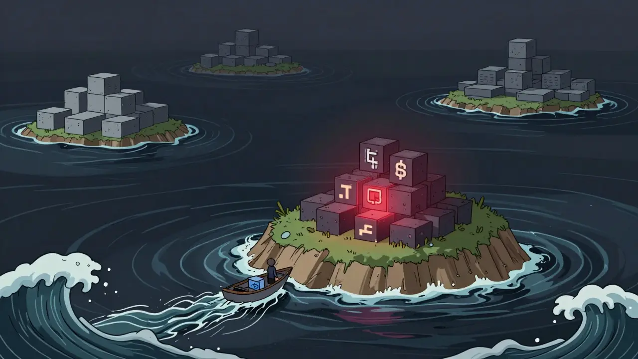 Illustration of a small digital island in a turbulent ocean representing low liquidity