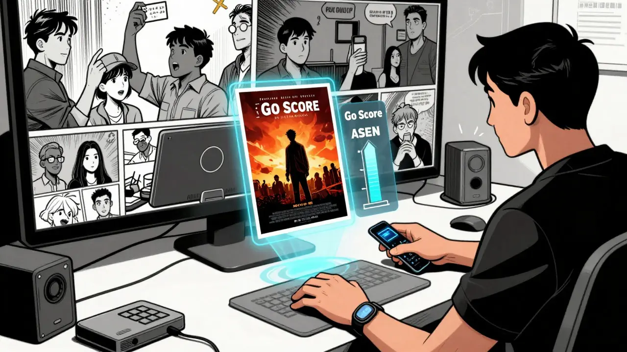 Illustration of a user staking digital tokens on an indie film project to boost its success score.