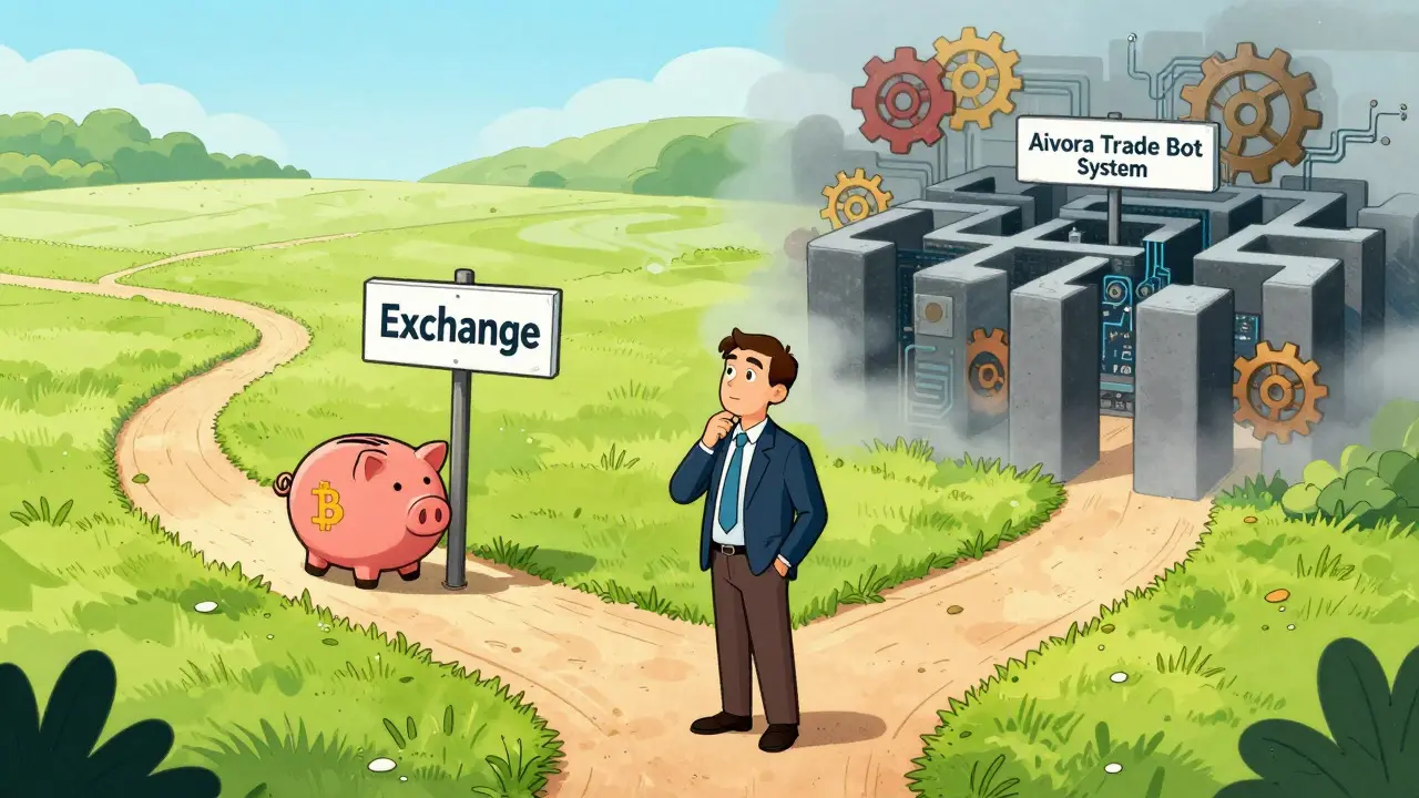 Illustration of investor choosing between simple crypto and complex bot