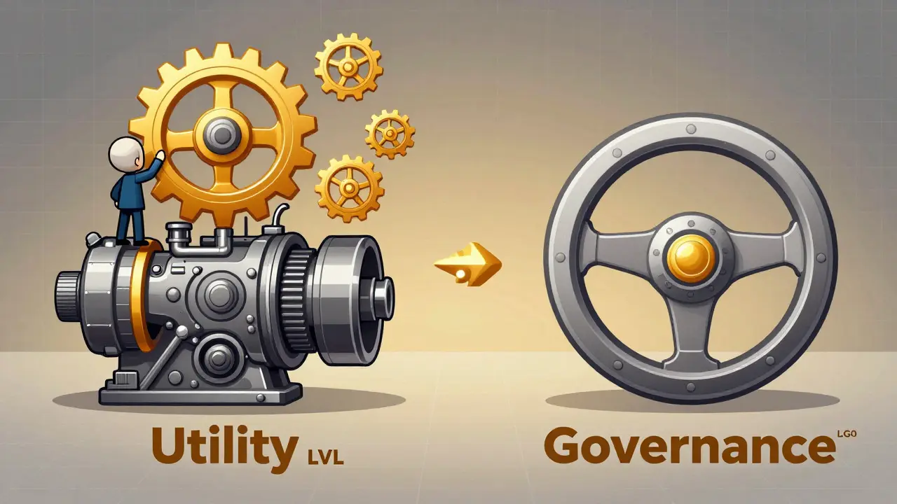 Illustration showing a utility gear powering an engine that generates governance steering wheels