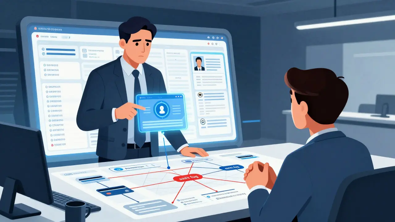 IRS auditor reviewing a complex blockchain ledger connected to a taxpayer's identity.