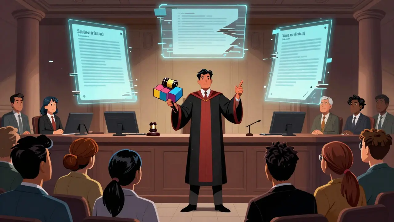 Judge with blockchain gavel and artist supported by loyal collectors