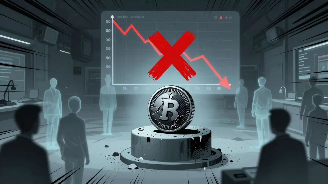 Lonely crypto coin in an empty, ghostly marketplace