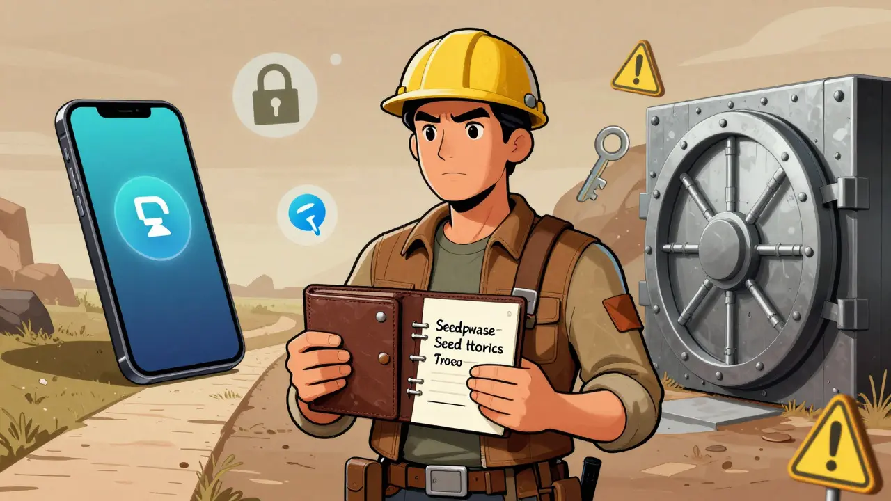 Miner securing wallet seed phrase with mobile and vault options